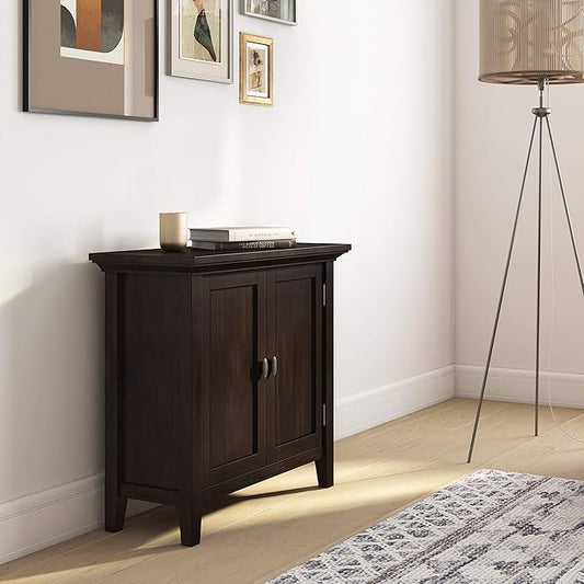 SIMPLIHOME Redmond SOLID WOOD 32 inch Wide Transitional Low Storage Cabinet in Brunette Brown for the Living Room, Entryway and Family Room
