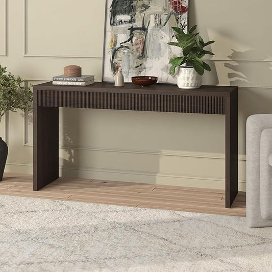 Henn&Hart 55'' Wooden Rectangular Fluted Console Table Entryway Table, Sofa Table for Entryway, Living Room, Couch, Hallway, or Office, Alder Brown