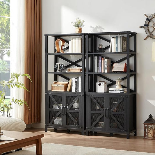 5 Tier Bookshelf 70" Tall Bookcase with Barn Doors,Large Farmhouse Display Book Shelf with Adjustable Shelves and Storage Cabinet,Library Wood Bookshelves for Living Room,Kitchen,Antique Black