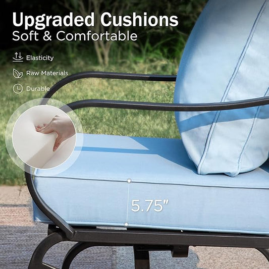 PHI VILLA 6 PCS Patio Furniture Sets with 1 x 3-Seat Bench, 2 x Swivel Cushioned Sofa Chairs, 2 x Leg Sofa & 1 x Coffee Table, Outdoor Conversation Set for 7 Person, Light Blue