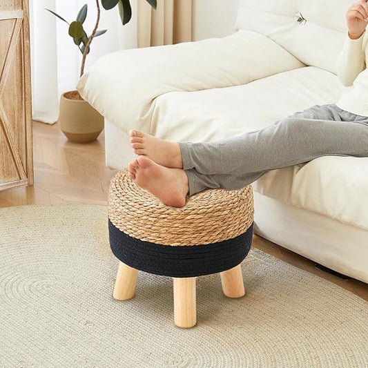Round Ottoman Natural Seagrass Footstool, Foot Stool with 4 Wood Legs, Hand Woven Round Footstool, Sofa Stool, Multifunctional Modern Dressing Stool, Sofa Side Table for Bedroom (Black)