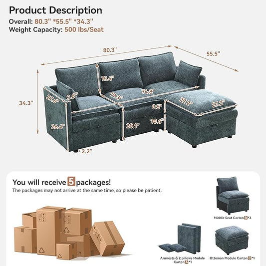 80" Cloud Modular 3 Seater Sofa with Storage Ottoman, Modern Upholstered Storage Sofa Couch Deep Seat, L Shape Sectional Sofa Chenille Comfy Couch with Armrests for Living Room, Small Space, Blue