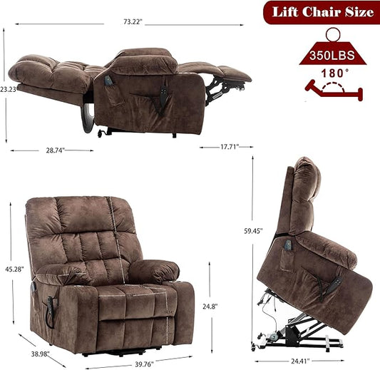 Large Power Lift Recliner Chair with Massage and Heat for Elderly,Overstuffed Wide Recliners,Breathable Leather with 2 Cup Holders,Dual OKIN Motor,Recline up to 180 Degrees