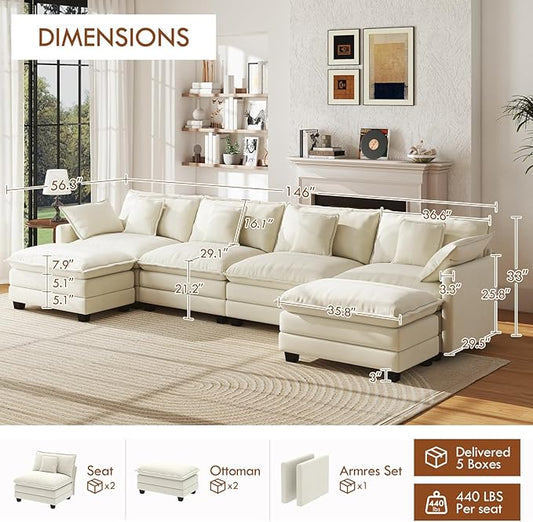 WorthFurni 146” Oversized Modular Sectional Sofa, U Shaped Cloud Couch Set, 4-Seater Comfy Chenille Couches with 2 Movable Ottomans, DIY Combination for Living Room (Beige)