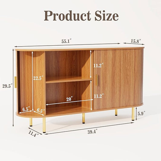 DHH Storage Cabinet, Fluted Sideboard Buffet Cabinet with Tambour Sliding Doors& Adjustable Shelf, Accent Coffee Bar Console Table for Kitchen, Living Room, Entryway (Yellow Walnut 55 Inch)