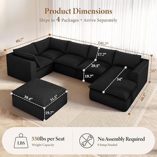 Vesgantti 141.7" Oversized Sectional Boneless Couch, 7 Seater Modular Sofa with Chaise & Ottoman & Armrest, Deep Seat Plush Corduroy Cloud Couches for Living Room, No Assembly Required, Black