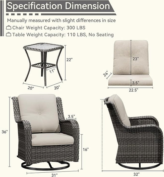 6 Pieces Outdoor Furniture Set - Patio Wicker Swivel Rocker Chair Set of 4 and 2 Side Table, Beige, Mixed Brown Rattan, Suitable for Porch, Yard