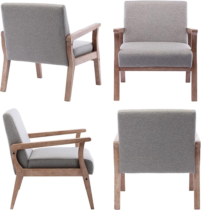 HNY Mid Century Armchair with Hardwood Frames, Linen Upholstered Living Room Chair, for Living Room Bedroom, Light Grey
