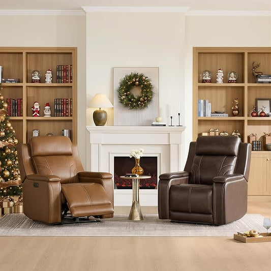 Watson & Whitely Oversized Lay Flat Recliner for Big and Tall, Genuine Leather Electric Recliner Chairs for Adults with Power Headrest & Chargers for Living Room, Saddle Brown