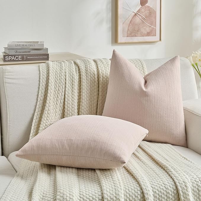FUTEI Pink Decorative Throw Pillow Covers 20x20 Inch Set of 2,Soft Cozy Wheat Ear Striped Patterns Cushion Cases,Modern Home Decor for Couch Bed Living Room