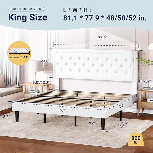 Allewie King Size Velvet Upholstered Bed Frame with Adjustable Headboard, Diamond Tufted Design, Wood Slat Support, Noise-Free EVA Strip, Easy Assembly, White