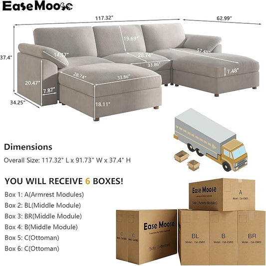 EASE MOOSE Oversized Modular Sectional Sofa, Extra Large U Shape Sectional Cloud Couch,Comfty Deep Modular Sofa with Ottoman for Living Room,Light Gray