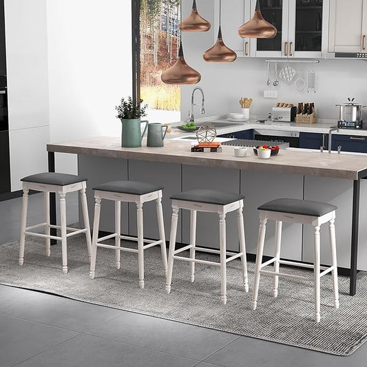 COSTWAY Upholstered Bar Stools Set of 4, 29-Inch Backless Counter Height Dining Stools with Delicate Wood Carving, Footrest, Solid Rubber Wood Frame, Farmhouse BarStools for Kitchen Island Bar, White