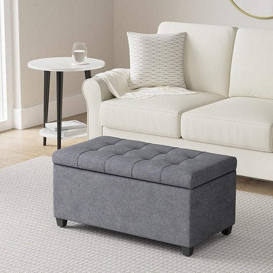 SIMPLIHOME Sienna Storage Ottoman Bench - 33 inch Wide Upholstered Linen Look Fabric Rectangle Storage Ottoman Bench in Dove Grey, Transitional Tufted Ottoman for Living Room or Entryway with Lift Top