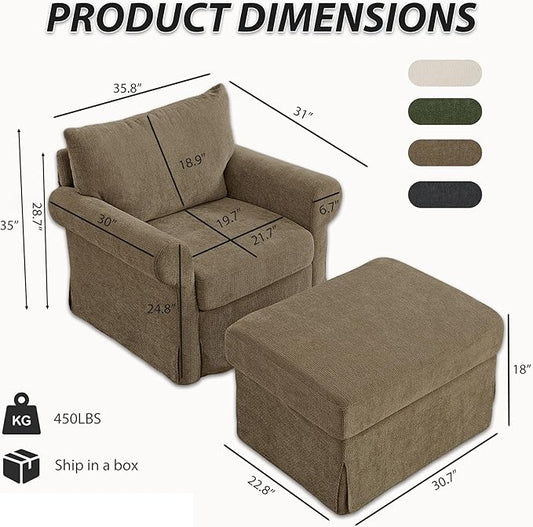 Modern Accent Chairs with Ottoman Set, Comfy Chenille Reading Armchair with Rolled Arms and Cushion Backrest, 35.8" W Chaise Lounge Chair for Living Room, Bedroom, Study, Apartment, Brown