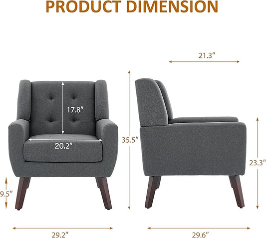 Accent Chair, Mid-Century Modern Upholstered Armchair, Comfy Fabric Living Room Chairs Reading Chairs with Button Tufted Back & Solid Wood Legs for Bedroom, Office, Gray