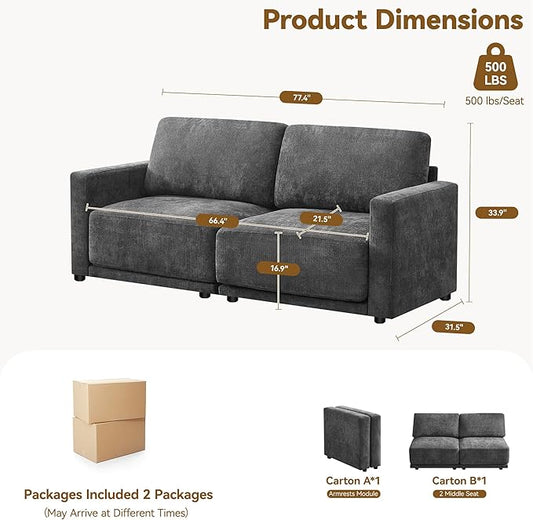 77.4" Chenille Modular Loveseat Oversized Upholstered 2 Seater Sectional Sofa with Thickened Cushions, Easy Assembly, Modern Comfy Love Seat Couch for Living Room, Grey