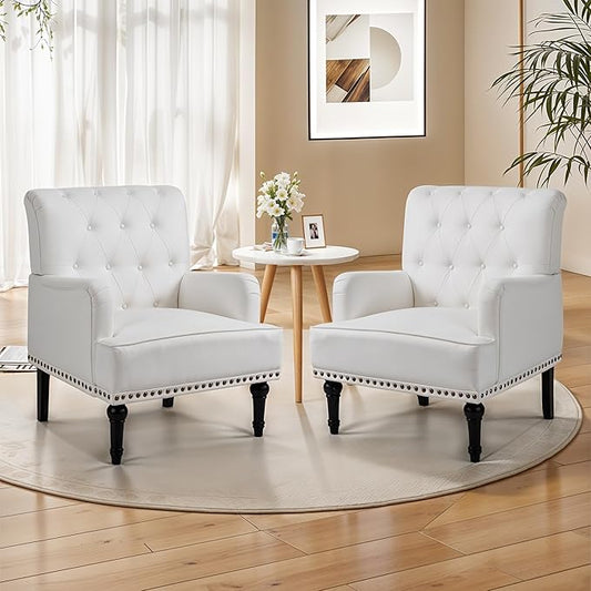 MOJAY Modern PU Leather Accent Chair Set of 2, Mid-Century Living Room Lounge Club Chair with Rivet Trim, Single Sofa Reading Arm Chair for Bedroom Home Office Study Lounges(White)