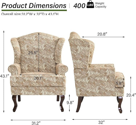 Accent Chair, High Back Upholstered Armchair with High Resilience Sponge & Wood Legs, Mid-Century Modern Comfy Single Sofa Reading Chairs for Living Room, Bedroom (Floral Sand, Set of 1)