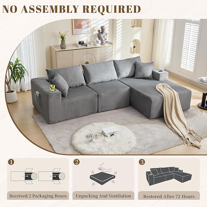 107" Cloud Sectional Couch, Modular Sectional Sofa with L-Shape Chaise, Corduroy Boneless Couch with Deep Seat, Upholstered Sofa for Living Room, No Assembly Required(Right-Facing Chaise, Dark Grey)