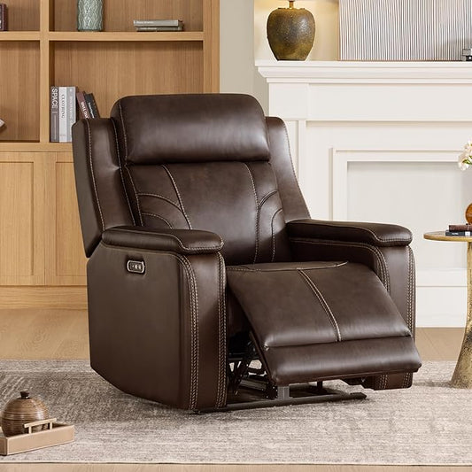 Watson & Whitely Genuine Leather Electric Recliner Chairs for Adults, Lay Flat Recliner with Power Headrest & Chargers for Living Room, Dark Brown