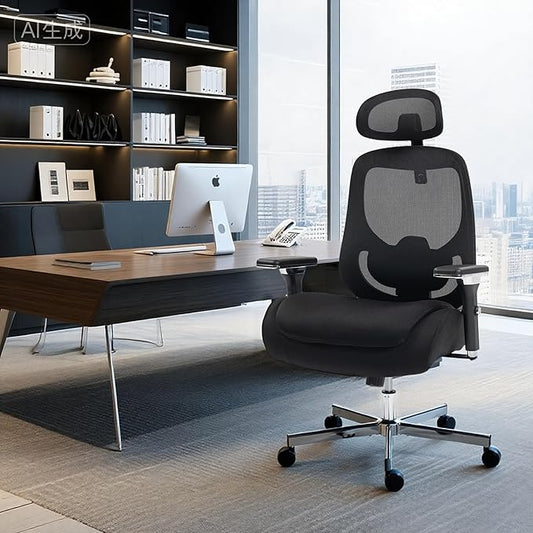 450 LBS Big and Tall Office Chair, Heavy Duty Executive Chair w/4D Arms, Ergonomic Computer Home Desk Chair, Swivel Mesh Chair w/2D Lumbar Support, Adjustable Headrest, Tilt Lock-Black