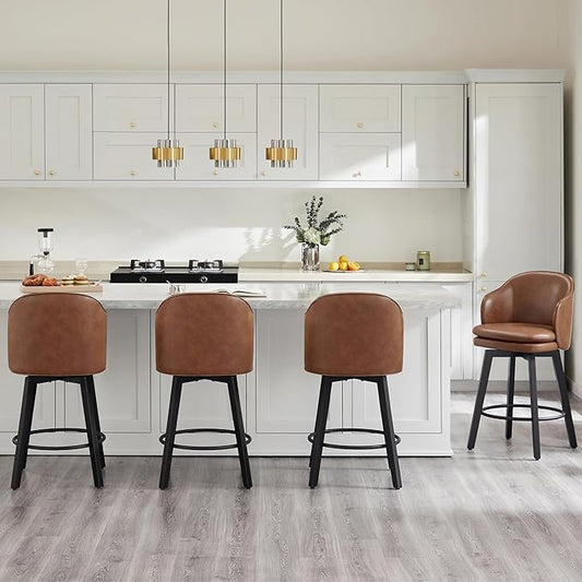 Counter Height Barstools 26 inch Upholstered Swivel Bar Stools with Back and Wood Legs for Kitchen Island,Set of 3,Brown PU Leather