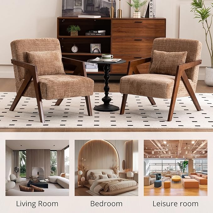 Mid-Century Modern Accent Chair Set of 2 with Solid Wood Frame,Upholstered Chenille Living Room Arm Chairs with Pillow for Bedroom, Living Room, Reading Room, Balcony, Brown