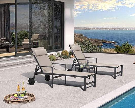 PURPLE LEAF Patio Lounge Chair Set of 3 Outdoor Chaise Lounger Aluminum Frame with Armrest Side Table and Wheels for Pool Outside Sunbathing Tanning Recliner Including Pillows Beige