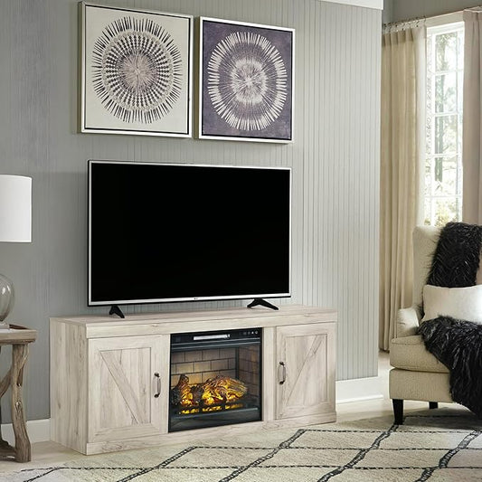 Signature Design by Ashley Bellaby Farmhouse 60" TV Stand with Electric Fireplace for TVs up to 69", Whitewash