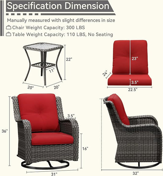 6 Pieces Outdoor Furniture Set - Patio Wicker Swivel Rocker Chair Set of 4 and 2 Side Table, Red, Mixed Brown Rattan, Suitable for Porch, Yard