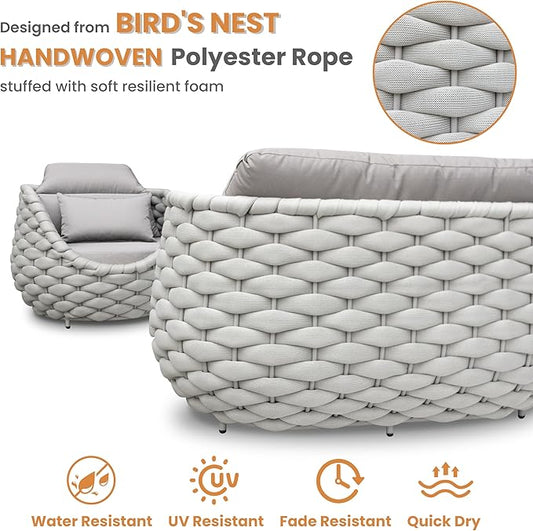 5 Pieces Porch Patio Conversation Set: Hand Woven Rope, Rusrproof Aluminum Frame, Weather Resistant, Thick Cushions, No Assembly Furniture, Comfy Outdoor Sofa Set for Deck Yard Lawn Hotel - Gray
