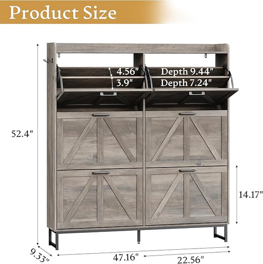Shoe Cabinet Storage for Entryway, Shoe Storage Cabinet with 6 Flip Drawers, Freestanding Narrow Shoe Rack Organizer with Metal Legs, Adjustable Shelves & Open Storage for Foyer, Hallway, Grey