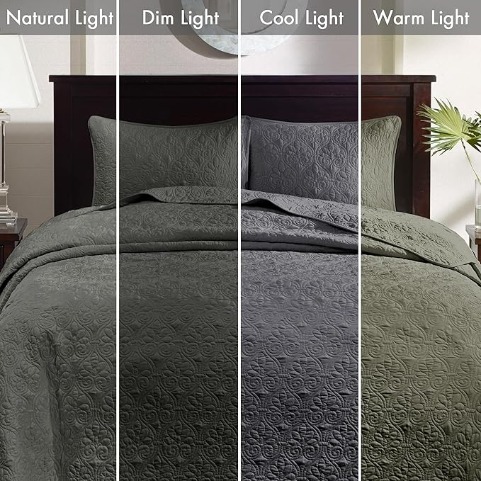Madison Park Quebec Reversible Quilt Set Damask Design, Double Sided Stitching All Season, Lightweight Bedspread Bedding Set, Matching Sham, Dark Grey, King(120"x118") 3 Piece