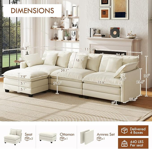 WorthFurni 111.4” Cloud Couch, Modular Sectional Sofa with Ottoman, Comfy Modern 3-Seater Couches with Pillows & Upholstered Deep Seat Cushion for Apartment Living Room Bedroom (Beige)
