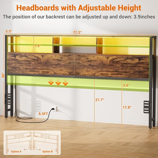 Aheaplus Headboard for King Size Bed with Storage, Headboards with Outlets, USB Ports and LED Light, King Size Head Board, Height Adjustable, Reversible, Sturdy and Stable Headboard, Rustic Brown