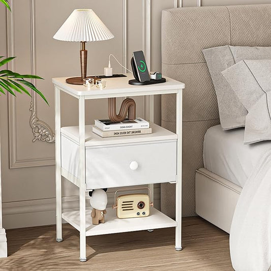 VECELO Night Stand Set 2, Nightstand with Charging Station, End Tables with Open Storage Shelf, Bed Side Tables with Fabric Drawers for Bedroom,Living Room,Elegant White