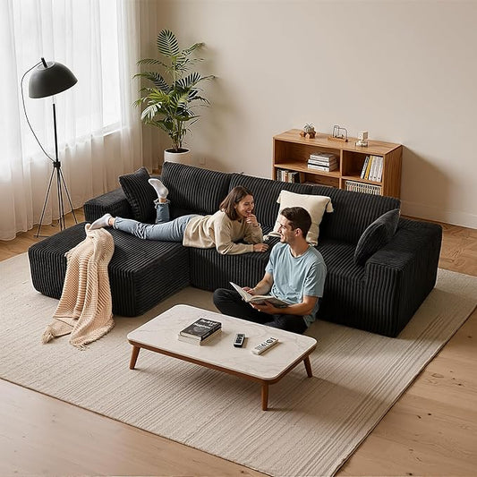 Apicizon 113" Sectional Sofa Couch for Living Room, 3 Seat Boneless Sofa with Chaise Longue, L-Shape Modular Sectional Couches with Deep Seat for Apartment,No Assembly Required (Stripe Corduroy Black)