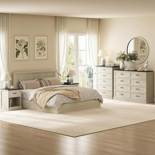 CARPETNAL Farmhouse Dresser and Nightstand Sets for Bedroom, 4 Pcs Bedroom Set, 5 Drawer & 8 Drawer Dresser and Nightstand Set of 2, Wood Chest of Drawers for Living Room, Entryway, White