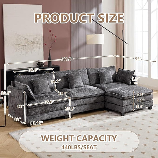 Plush Modular Cloud Sofa Set with Ottoman | L/U-Shaped Deep Seating Chenille Sectional for Family Living Room