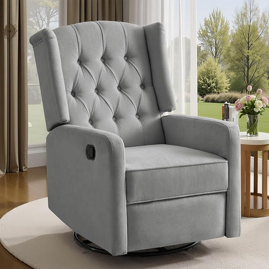 ABAKAN Swivel Rocker Recliner Chair, 360 Degree Nursery Rocking Recliner, Linen Glider Chair with Button Tufted Wingback Chair, for Living Room, Bedroom, Grey