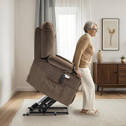 MCombo Oversized Power Lift Recliner Chair Sofa with Massage and Heat for Elderly People Petite, USB Ports, Side Pockets, Fabric R7561 (Brown, Small-Oversize)
