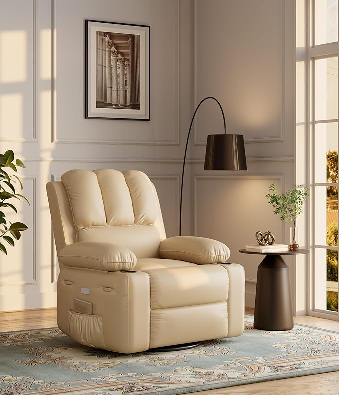 27" Oversized Power Recliner Chair, Faux Leather Rocking Chair with Heat & Massage, 360° Swivel Modern Electric Recliner with Cup Holder & USB Charging for Living Room, Bedroom, Nursery - Beige