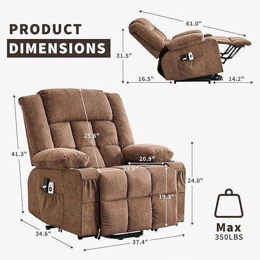 Large Power Lift Recliner Chair for Elderly Overstuffed Wide Electric Lift Chair with Heat and Massage for Big and Tall Adults Reclining Sofa Chair with 2 Cup Holders, Side Pocket, USB Port, Brown