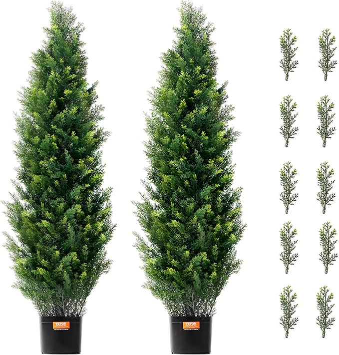 VEVOR Artificial Topiary Cedar Tree, 48 inch Tall (2 Pieces), with Extra Leaves & Pot Faux Evergreen Fake Pine Cypress Trees Plant, UV Rated Artificial Greenery Set for Home Decor Indoor/Outdoor