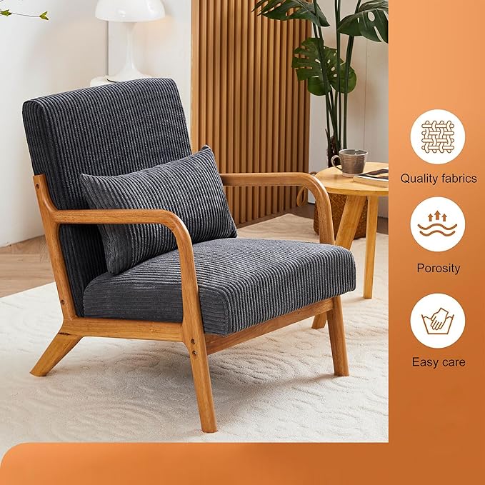 Accent Chairs, Set of 2 Mid-Century Modern Chair with Pillow, Armchair with Solid Wood, Reading Relaxing Leisure Chair for Living Room,(Grey)