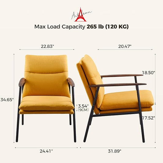 Art Leon Accent Chair- Mid Century Modern Accent Chairs Upholstered Fabric Reading Bedroom Chair Side Sitting Chair with Metal Frame Armchairs for Living Room, Bedroom, Guest Room Yellow