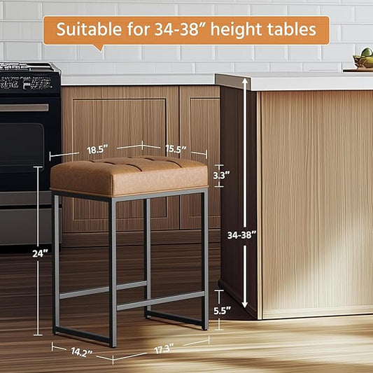 Yaheetech Bar Stools Set of 2, 24 Inch Counter Height Bar Stools Set, Backless Kitchen Island Stools, Faux Leather Stools for Kitchen Island, Brown