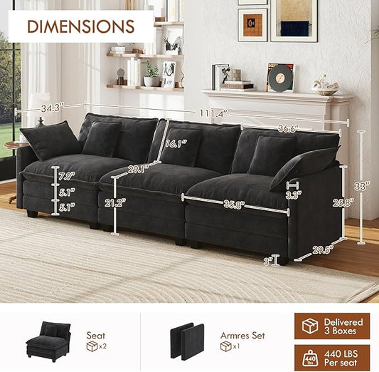 WorthFurni 111.4” Cloud Couch, Modular Sectional Sofa, Comfy Modern 3-Seater Couches with Pillows & Upholstered Deep Seat Cushion for Living Room Apartment Bedroom (Black)