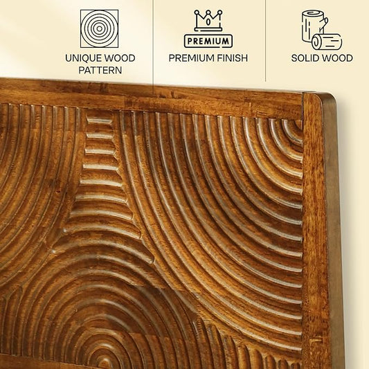 Acacia Harmony Queen Platform Bed Frame – Solid Rubber Wood, Caramel Finish, Mid-Century Modern Style, Distinctive Circular Grain, 800lbs Capacity, No Box Spring Needed, Easy Assembly